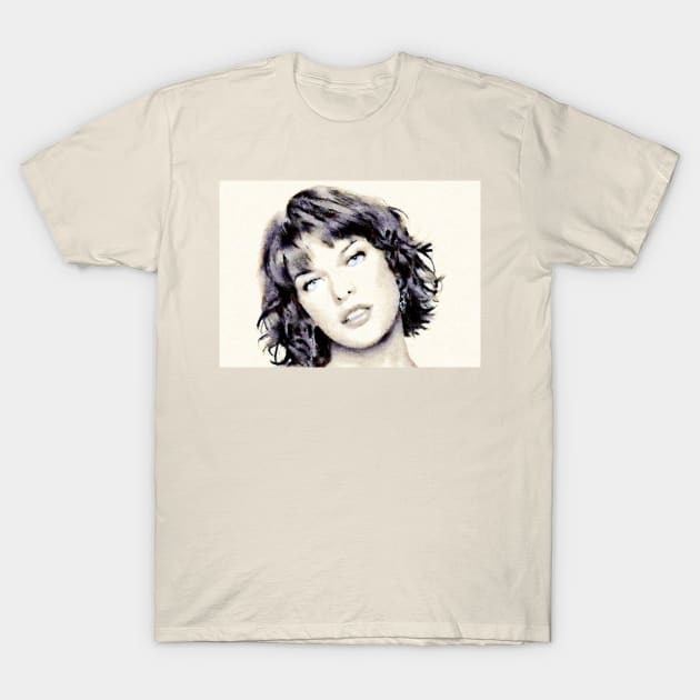 Milla Jovovich Portrait T-Shirt by happyantsstudio